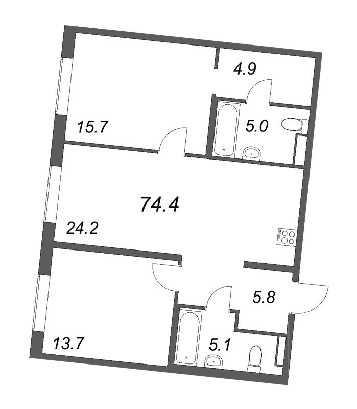 3-комнатная (Евро) квартира, 74.4 м² в ЖК "Визионер" - планировка, фото №1