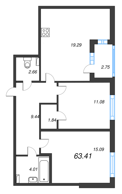 3-комнатная (Евро) квартира, 63.41 м² в ЖК "Любоград" - планировка, фото №1