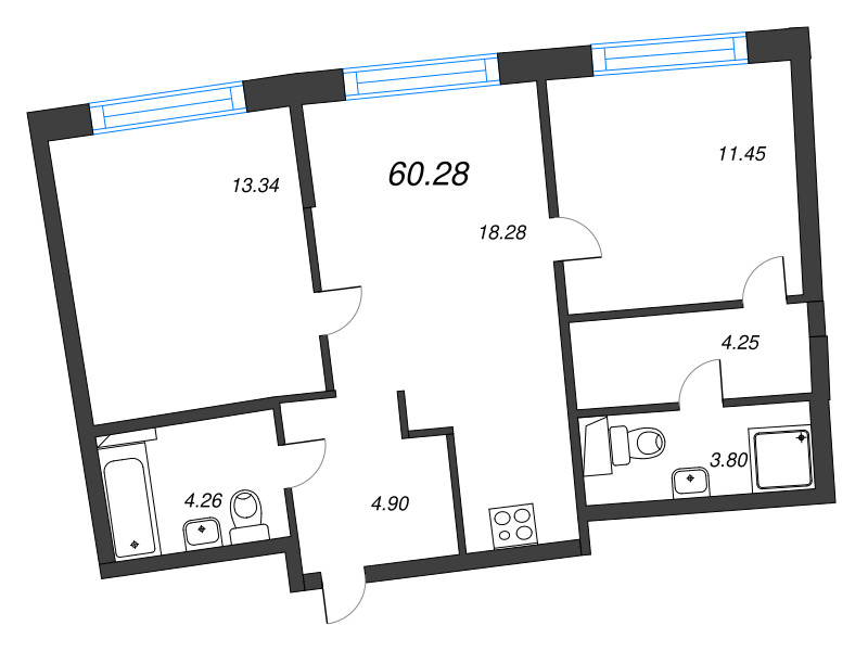 3-комнатная (Евро) квартира, 60.28 м² в ЖК "Аквилон Riva" - планировка, фото №1