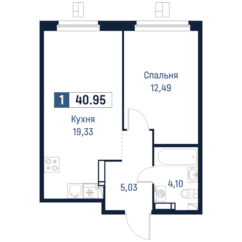 2-комнатная (Евро) квартира, 40.95 м² в ЖК "Максималист" - планировка, фото №1