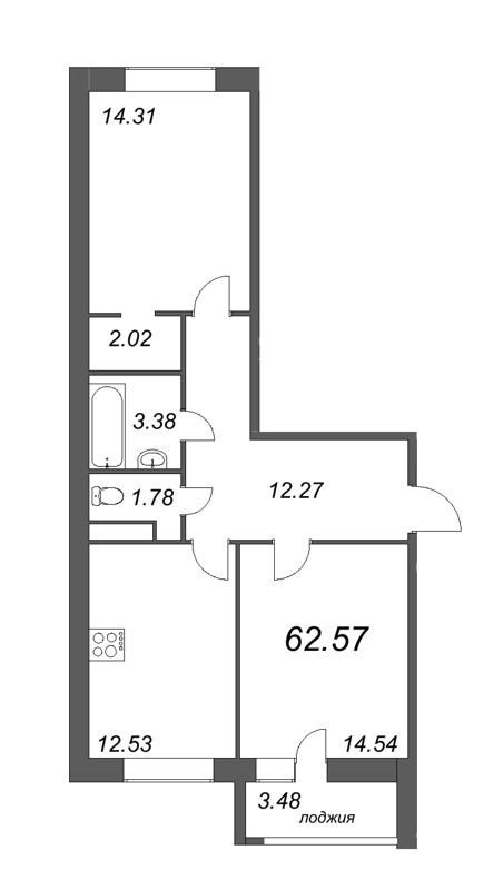 2-комнатная квартира, 62.57 м² - планировка, фото №1