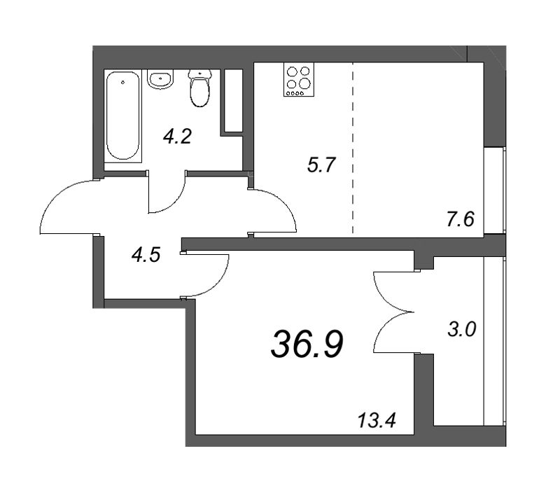 1-комнатная квартира, 36.9 м² в ЖК "Цивилизация на Неве" - планировка, фото №1