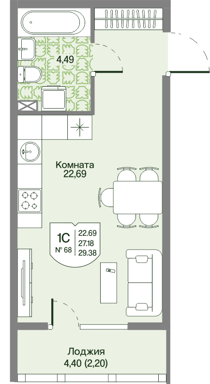 Квартира-студия, 29.38 м² в ЖК "Охтинские высоты" - планировка, фото №1