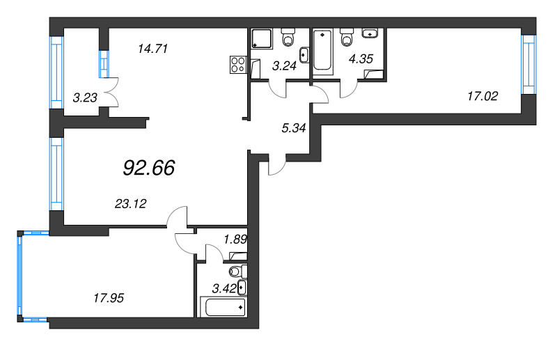 3-комнатная квартира, 92.66 м² - планировка, фото №1