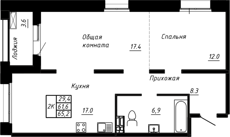 3-комнатная (Евро) квартира, 65.2 м² в ЖК "Сибирь" - планировка, фото №1