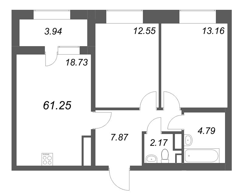 3-комнатная (Евро) квартира, 61.25 м² в ЖК "Аквилон Солар" - планировка, фото №1