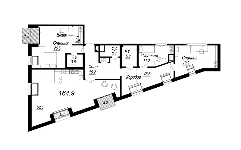 4-комнатная (Евро) квартира, 142.15 м² - планировка, фото №1