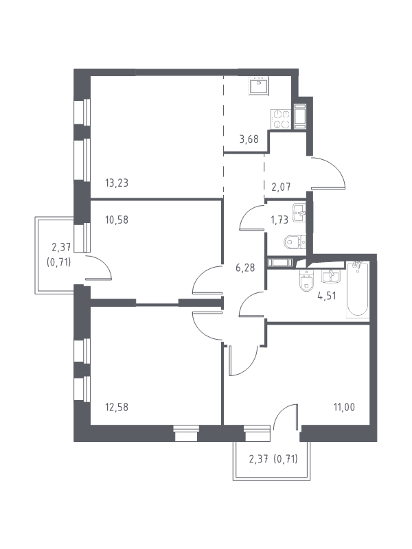 4-комнатная (Евро) квартира, 67.08 м² в ЖК "Новые Лаврики" - планировка, фото №1