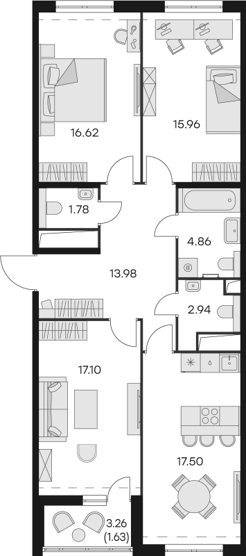 3-комнатная квартира, 92.37 м² в ЖК "GloraX Заневский" - планировка, фото №1