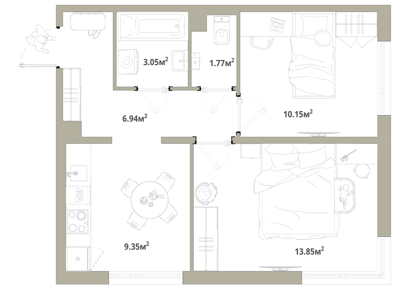 2-комнатная квартира, 45.11 м² в ЖК "Тишин" - планировка, фото №1