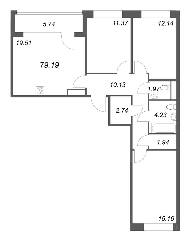 4-комнатная (Евро) квартира, 79.19 м² в ЖК "Дом на Курской" - планировка, фото №1