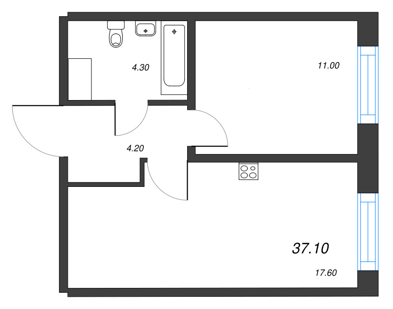 2-комнатная (Евро) квартира, 37.1 м² - планировка, фото №1
