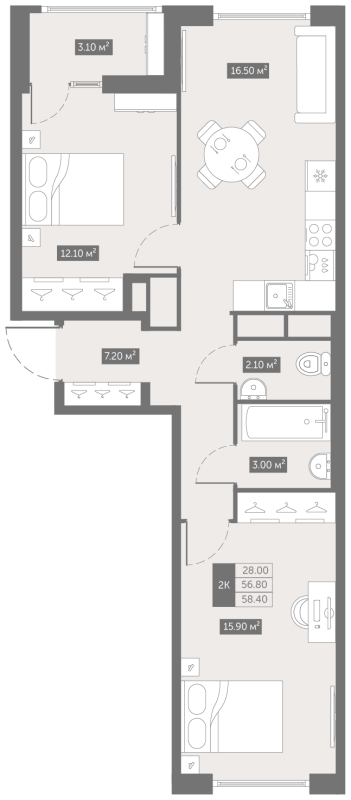 3-комнатная (Евро) квартира, 58.4 м² в ЖК "Квартал «Новый Московский»" - планировка, фото №1