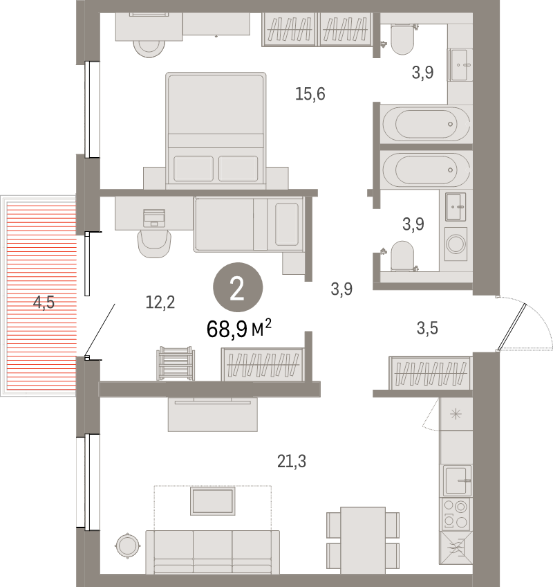 3-комнатная (Евро) квартира, 68.9 м² в ЖК "Северный ветер" - планировка, фото №1