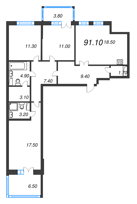 3-комнатная квартира, 91.1 м² в ЖК "NewПитер 2.0" - планировка, фото №1