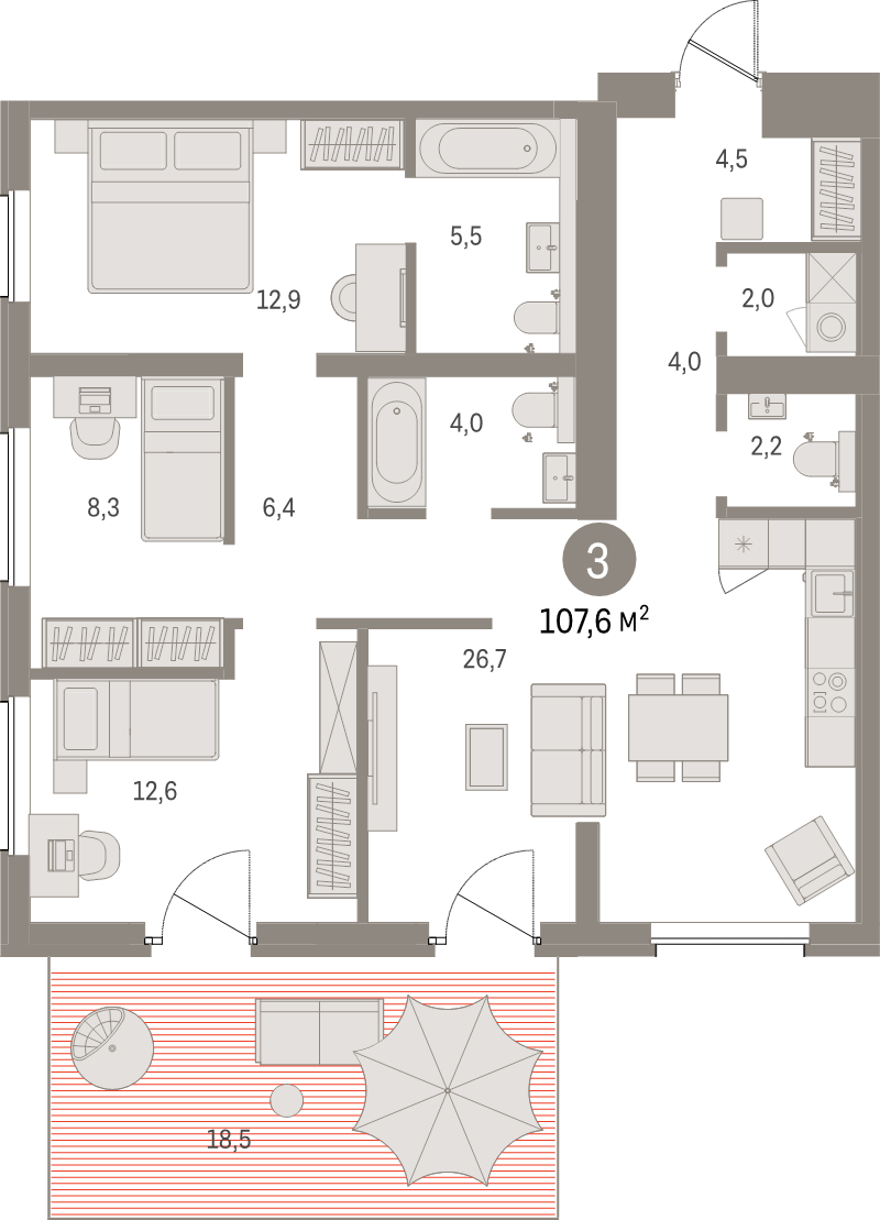 4-комнатная (Евро) квартира, 107.3 м² в ЖК "Северный ветер" - планировка, фото №1