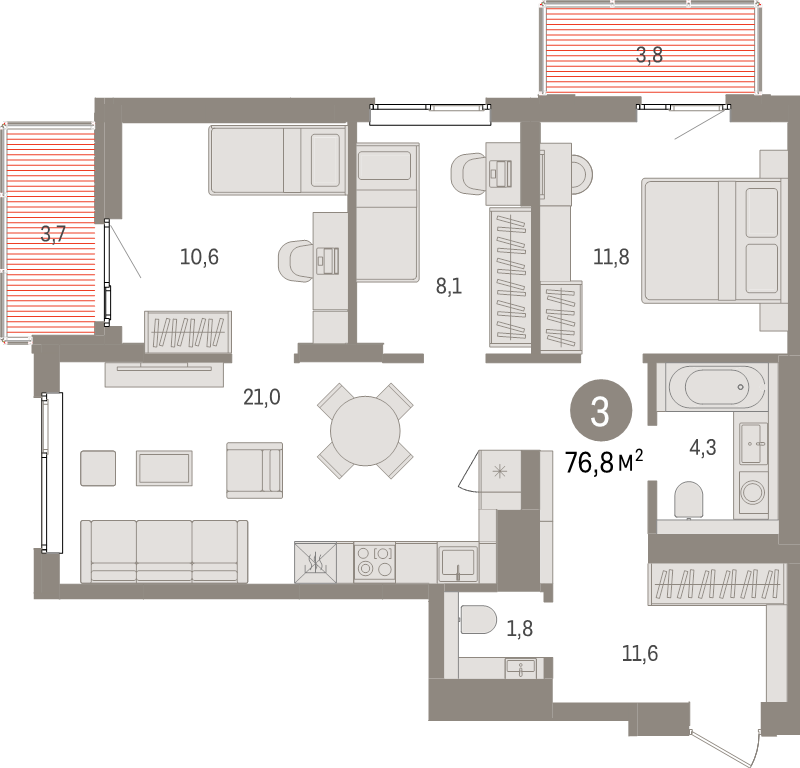 4-комнатная (Евро) квартира, 76.8 м² в ЖК "Брусника в Новоселье" - планировка, фото №1