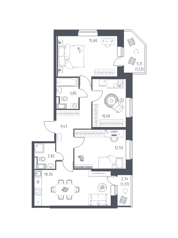 4-комнатная (Евро) квартира, 75.64 м² в ЖК "Живи! В Рыбацком" - планировка, фото №1
