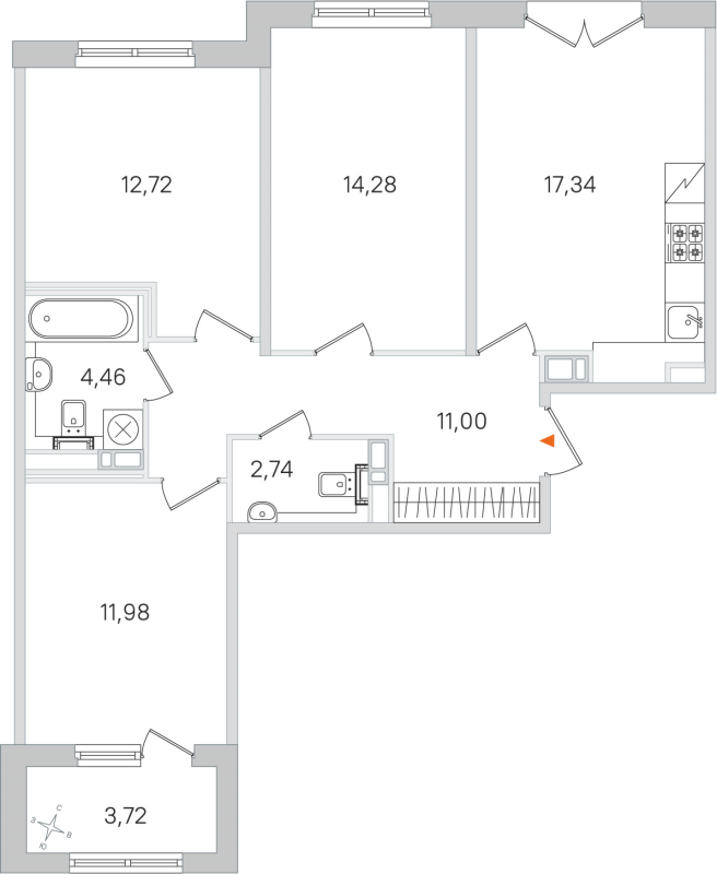 4-комнатная (Евро) квартира, 74.52 м² в ЖК "Дубровский" - планировка, фото №1