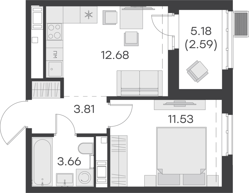 1-комнатная квартира, 34.27 м² - планировка, фото №1