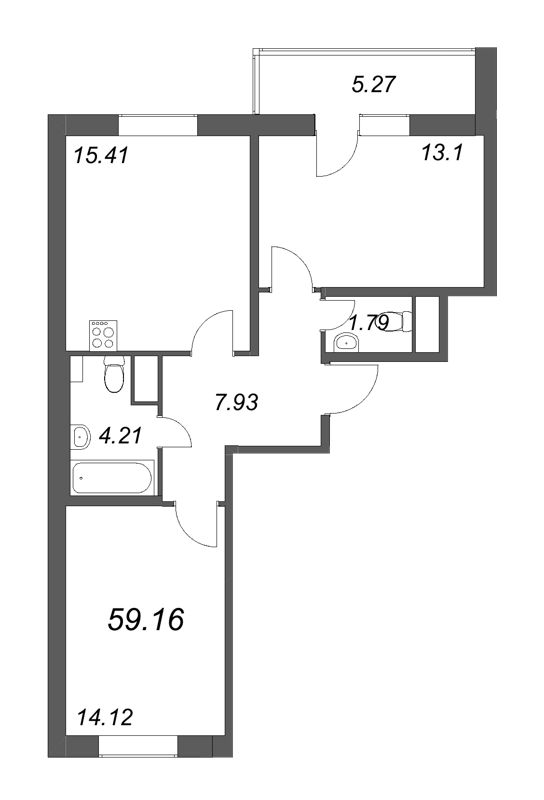 3-комнатная (Евро) квартира, 59.16 м² - планировка, фото №1