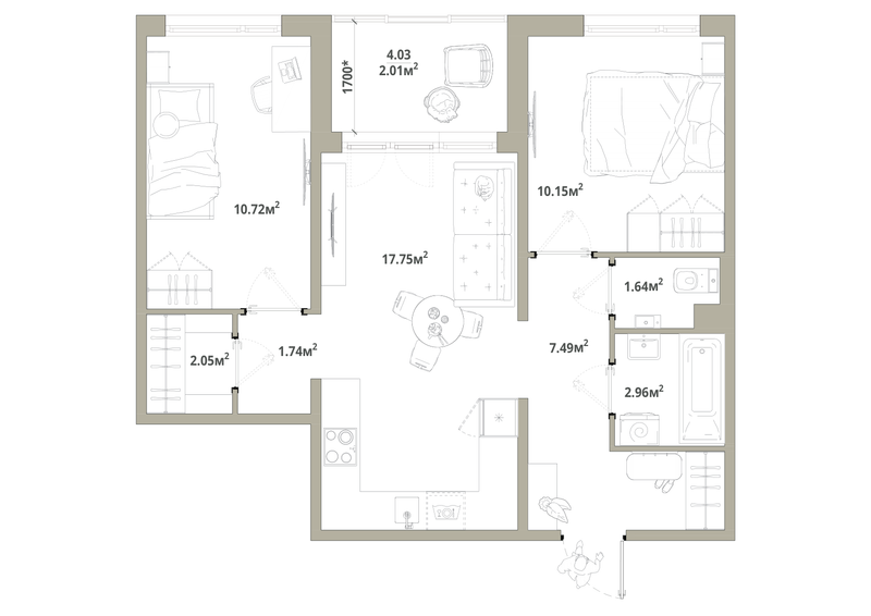 3-комнатная (Евро) квартира, 56.51 м² в ЖК "Тишин" - планировка, фото №1