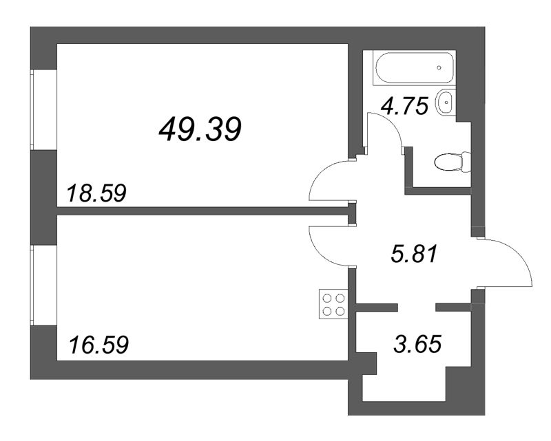 2-комнатная (Евро) квартира, 49.39 м² в ЖК "Фонтанка 130" - планировка, фото №1