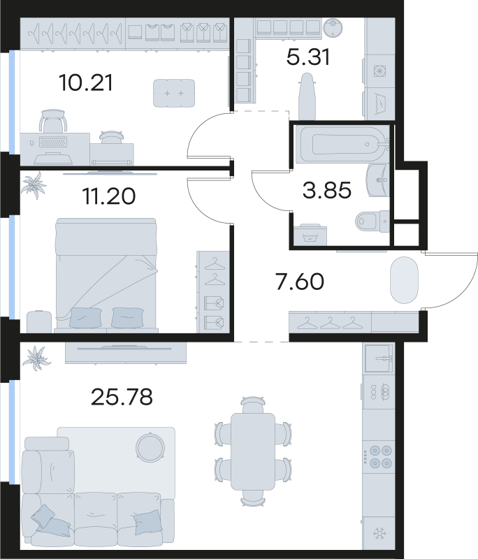 3-комнатная (Евро) квартира, 64.5 м² в ЖК "Парголово" - планировка, фото №1