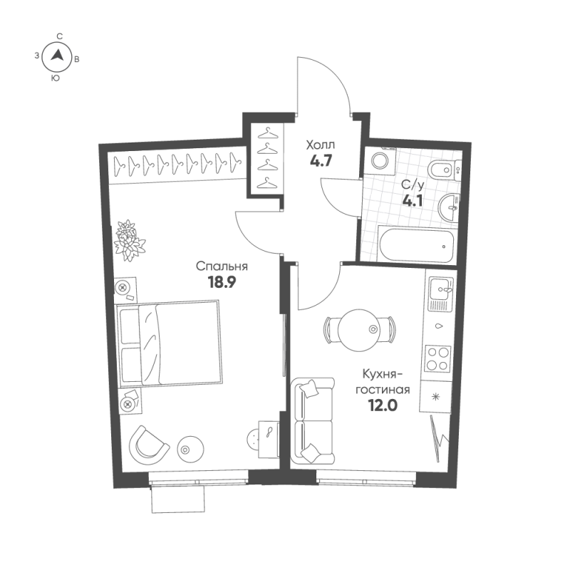 1-комнатная квартира, 39.7 м² в ЖК "Ягодное Река Парк" - планировка, фото №1