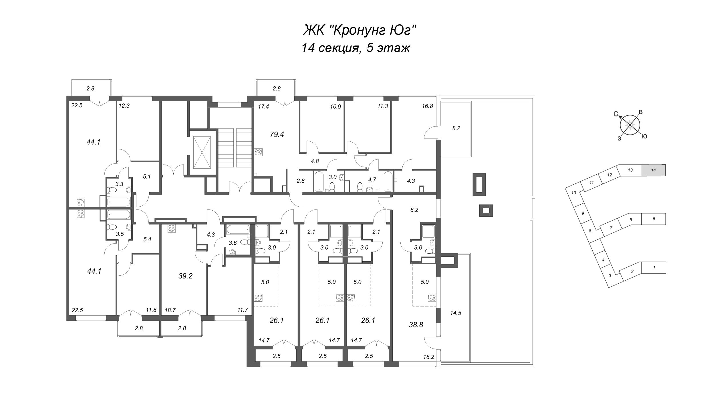 Квартира-студия, 26.1 м² в ЖК "Кронунг ЮГ" - планировка этажа