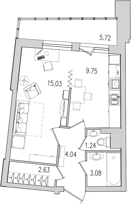 1-комнатная квартира, 41.5 м² в ЖК "Байрон" - планировка, фото №1