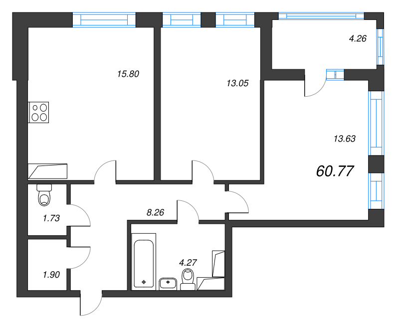 3-комнатная (Евро) квартира, 60.77 м² - планировка, фото №1