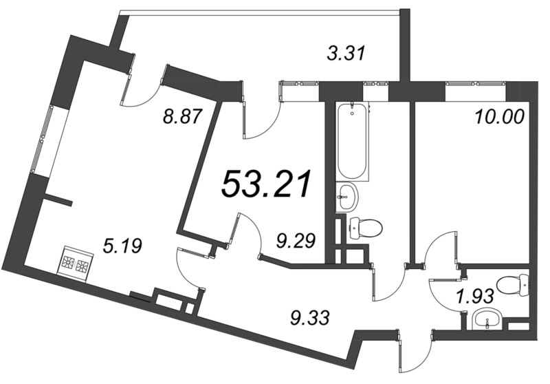 2-комнатная квартира, 53.21 м² - планировка, фото №1