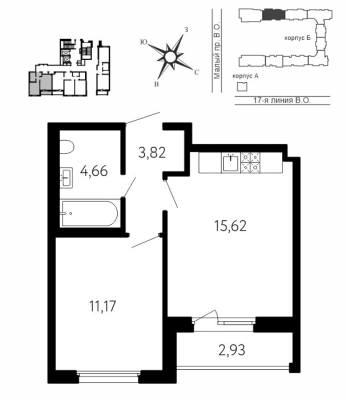 2-комнатная (Евро) квартира, 36.74 м² в ЖК "17-я линия" - планировка, фото №1