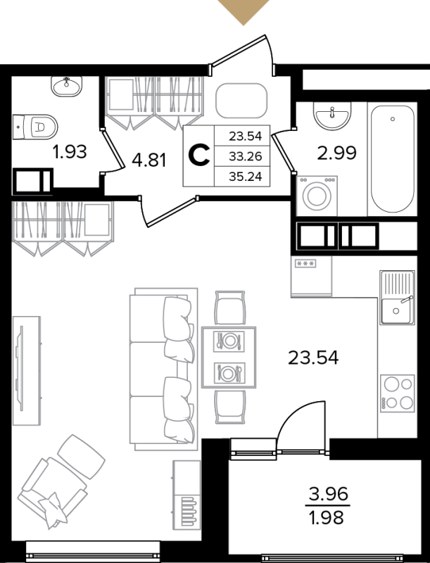 Квартира-студия, 33.4 м² - планировка, фото №1