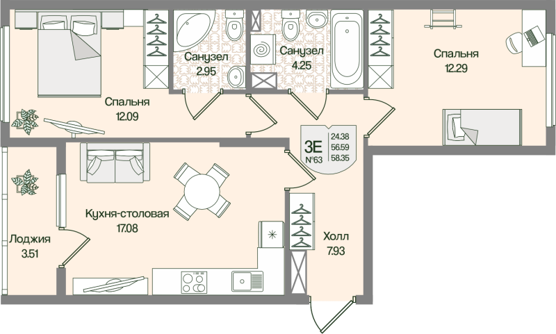 3-комнатная (Евро) квартира, 58.35 м² в ЖК "Охтинские высоты" - планировка, фото №1