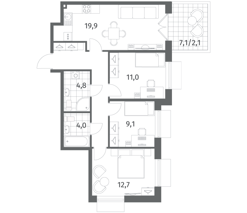 4-комнатная (Евро) квартира, 74.9 м² в ЖК "Парусная 1" - планировка, фото №1