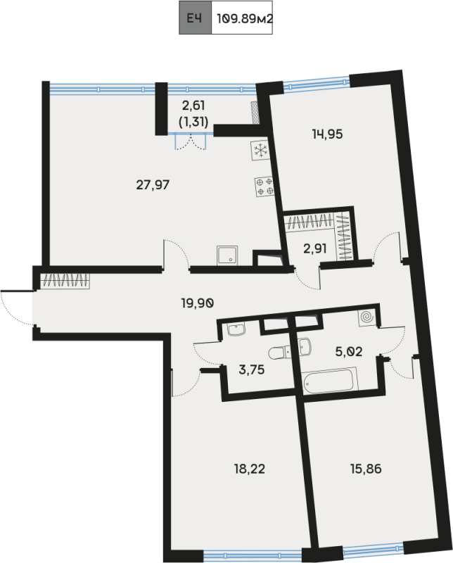 4-комнатная (Евро) квартира, 109.89 м² - планировка, фото №1