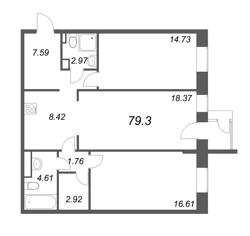 3-комнатная (Евро) квартира, 79.3 м² - планировка, фото №1