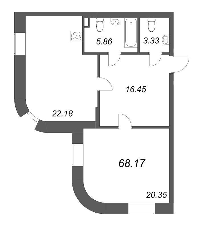 2-комнатная (Евро) квартира, 68.17 м² - планировка, фото №1