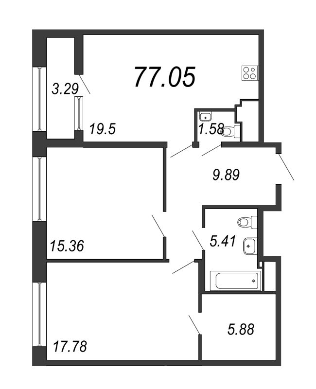 3-комнатная (Евро) квартира, 77.05 м² - планировка, фото №1