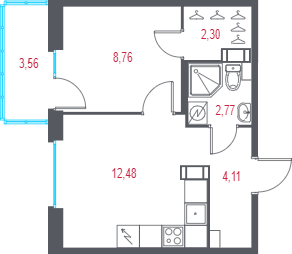 1-комнатная квартира, 31.49 м² - планировка, фото №1