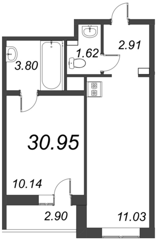 1-комнатная квартира, 30.95 м² в ЖК "AEROCITY Family" - планировка, фото №1