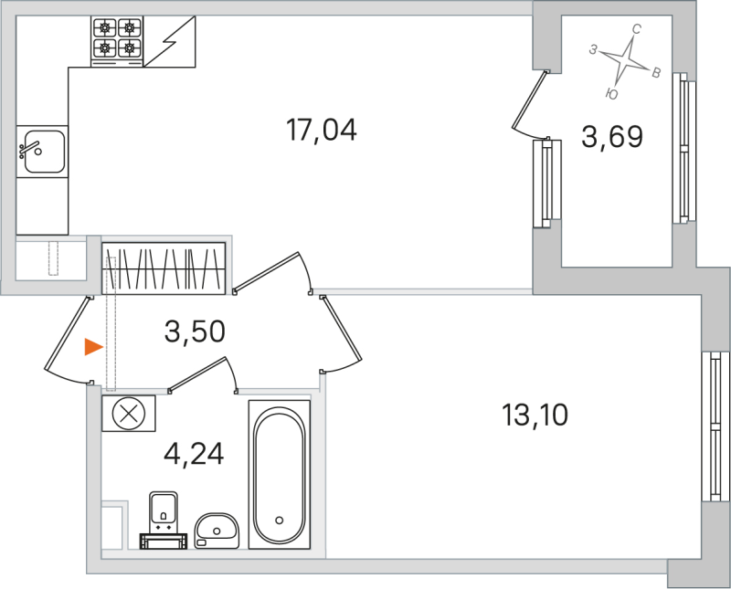 2-комнатная (Евро) квартира, 37.88 м² в ЖК "Дубровский" - планировка, фото №1
