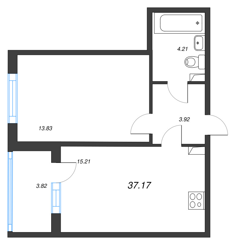 1-комнатная квартира, 37.17 м² в ЖК "Любоград" - планировка, фото №1