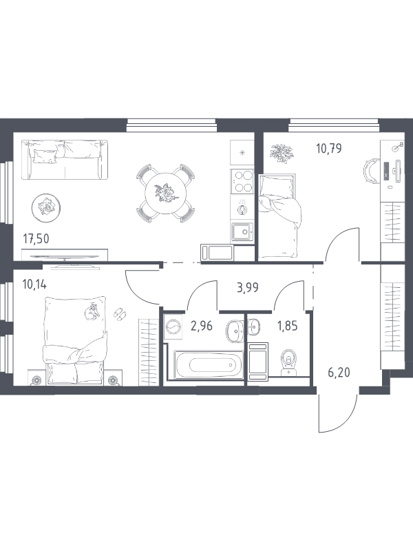 3-комнатная (Евро) квартира, 53.08 м² в ЖК "Новое Колпино" - планировка, фото №1