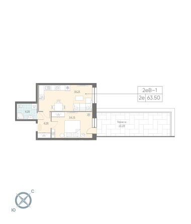 2-комнатная (Евро) квартира, 63.5 м² - планировка, фото №1