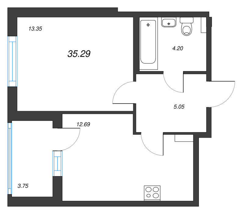 1-комнатная квартира, 35.29 м² в ЖК "Любоград" - планировка, фото №1