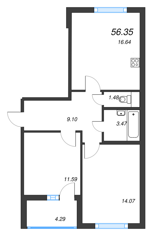 3-комнатная (Евро) квартира, 56.35 м² - планировка, фото №1