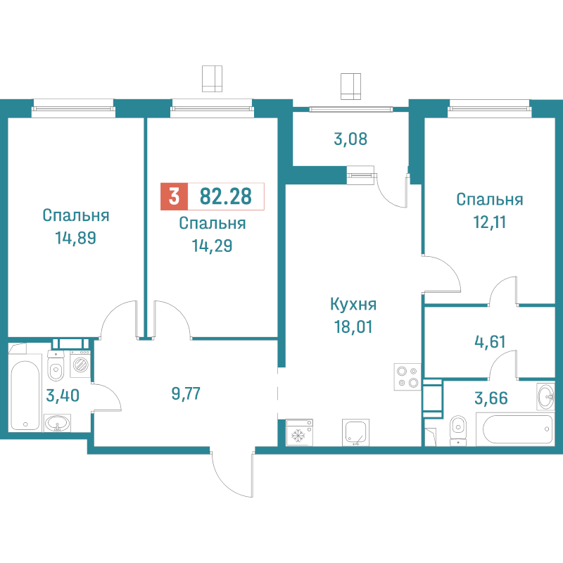 4-комнатная (Евро) квартира, 82.28 м² в ЖК "Графика" - планировка, фото №1